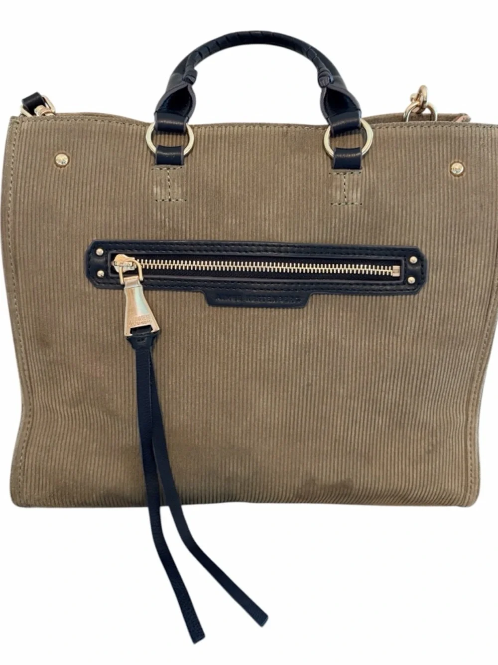 Aimee Kestenberg Corduroy Satchel Bag Taupe & Black Gold Hardware